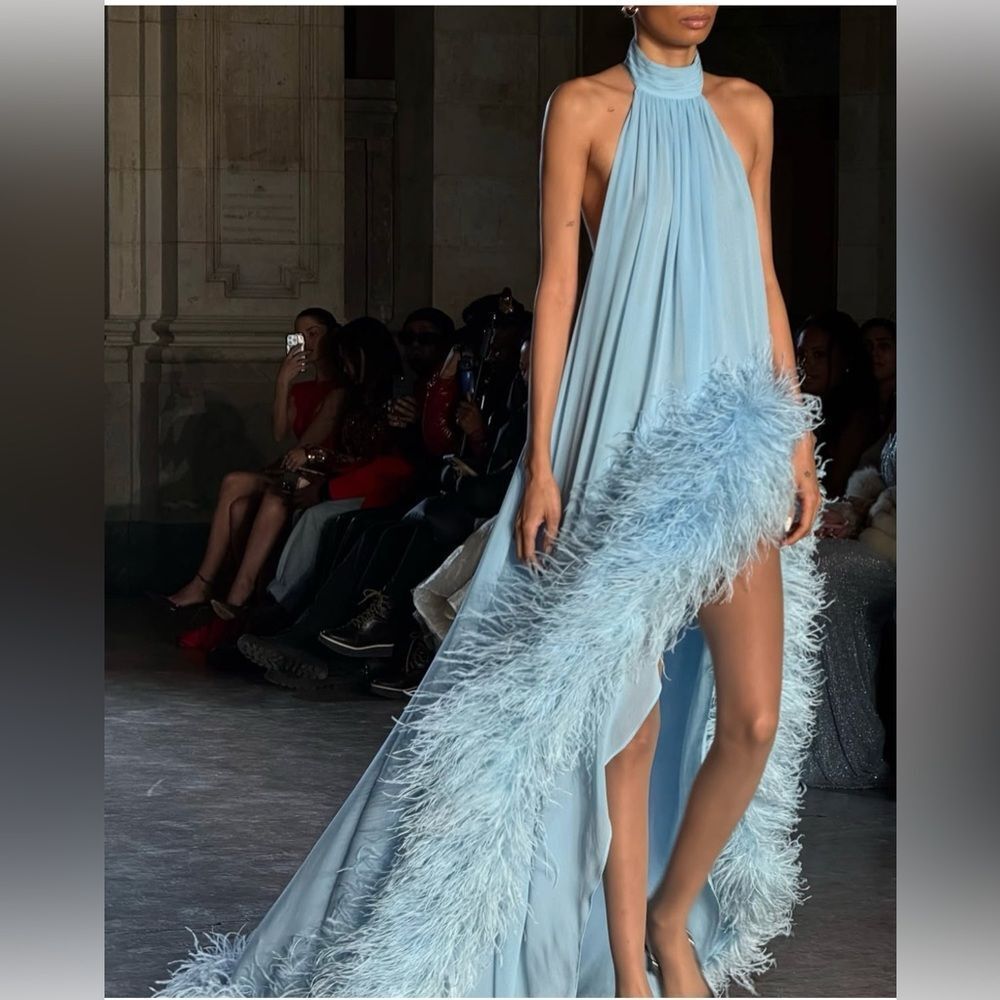 NEW BRONX AND BANCO Madeline Halterneck Gown in Powder Blue Feathered Gown - Picture 15 of 15
